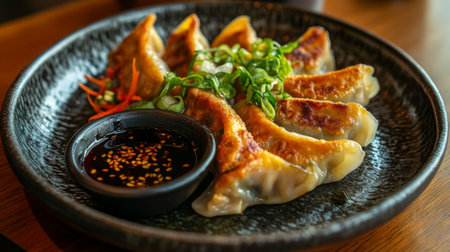 A plate of gyoza, crispy pan-fried dumplings filled with flavorful pork and vegetables, served with a side of soy dipping sauce.の素材