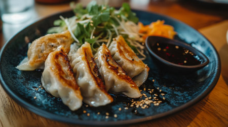 A plate of gyoza, crispy pan-fried dumplings filled with flavorful pork and vegetables, served with a side of soy dipping sauce.の素材