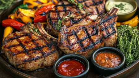 A platter of grilled pork chops, perfectly charred and juicy, served with grilled vegetables and savory dipping sauces, enticing the appetite.の素材