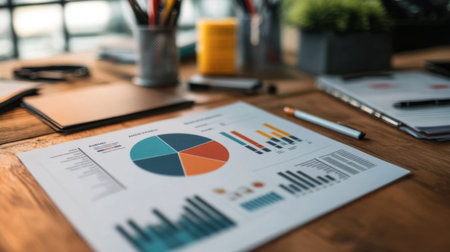 A printed report with a pie chart on a desk, surrounded by documents and office supplies, illustrating its use in business analysis and reporting.の素材