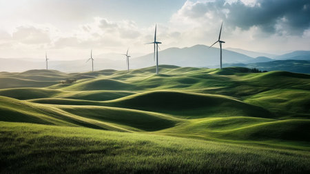 A scenic landscape featuring wind turbines on rolling hills, with green fields and a dramatic sky in the background, representing sustainable energy production.の素材