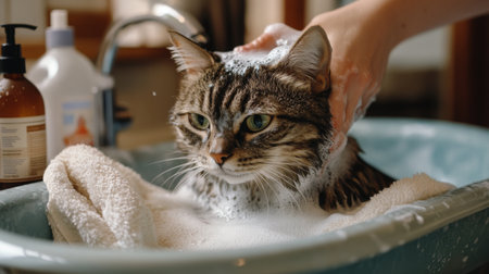 A plump cat being gently washed by its owner in a sink, surrounded by bottles of pet shampoo and towels, capturing a tender moment.の素材