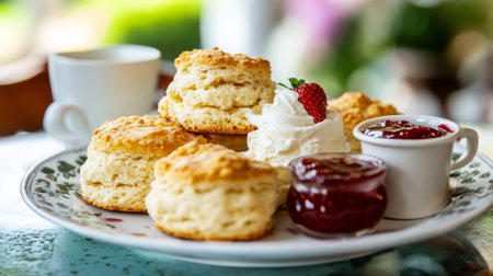 A platter of freshly baked scones, golden and crumbly with a hint of sweetness, served with clotted cream and strawberry jamの素材
