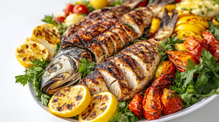 A platter of grilled fish with vibrant vegetables and aromatic herbs, arranged elegantly on a white background to highlight its freshness.の素材