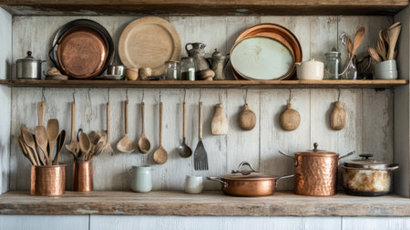 A rustic kitchen display showcasing vintage copper pots, enamelware, and wooden spoons arranged on a farmhouse-style shelf, evoking a cozy country charm.の素材