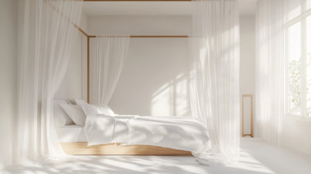 A serene white bedroom in minimalist design, with a canopy bed, sheer curtains, and minimalistic decor, evoking a sense of purity and calmness.の素材