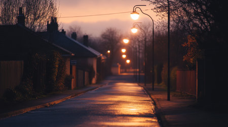 A series of streetlights lining a quiet suburban road, with the warm light creating a peaceful and inviting atmosphere in the evening.の素材