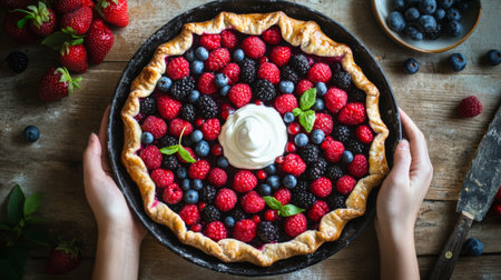 A rustic galette filled with fresh summer berries and encased in a flaky, buttery crust, baked to golden perfection and served with whipped cream.の素材