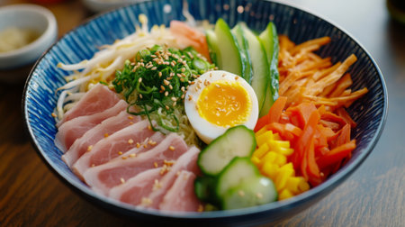 A refreshing bowl of hiyashi chuka, chilled ramen noodles topped with colorful vegetables, slices of ham, egg, and a tangy sesame dressing.の素材