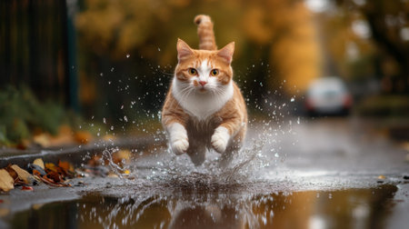 A plump cat playfully jumping into a puddle, creating splashes and showing its adventurous side.の素材