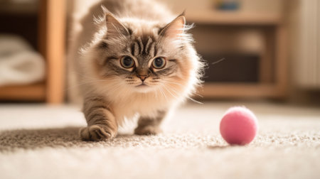 A plump cat chasing after a rolling ball, its body in motion and focused on the fun, on a soft carpet.の素材
