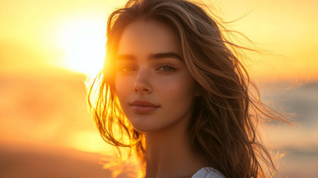 A portrait of a woman with elegant features and a soft, peaceful expression, with her hair gently flowing in the breeze, set against a sunset background.の素材