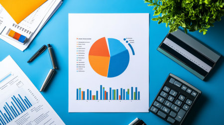 A printed report with a pie chart on a desk, surrounded by documents and office supplies, illustrating its use in business analysis and reporting.の素材