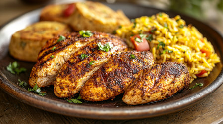 A platter of spicy Cajun chicken breasts, blackened and seasoned with a blend of Cajun spices, served with dirty rice and cornbread.の素材
