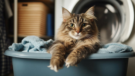 A plump cat exiting a litter box, with its paws on the edge and a content expression, in a well-organized laundry room.の素材