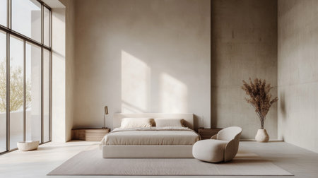 A serene minimalist bedroom with a neutral color palette, sleek furniture, and minimalist decor accents, promoting a sense of calmness and clarity.の素材