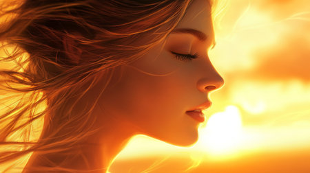 A portrait of a woman with elegant features and a soft, peaceful expression, with her hair gently flowing in the breeze, set against a sunset background.の素材