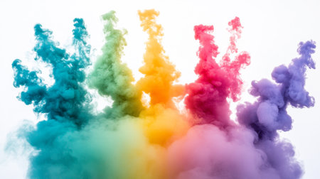 A series of colorful smoke bombs releasing vibrant smoke in different hues, creating a spectrum of colors in the air with a clean, white background.の素材
