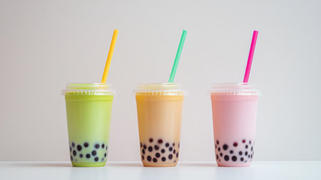 A row of three bubble tea cups in different flavors (matcha, taro, classic milk tea) with colorful straws, set against a clean white background.の素材