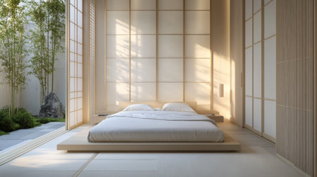 A serene minimalist bedroom with a platform bed, Japanese-inspired decor, and sliding shoji screens, exuding a sense of simplicity and harmony.の素材