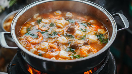 A rustic pot of tom yum soup cooking over an open flame, with ingredients like shrimp, mushrooms, and Thai herbs bubbling in the broth.の素材