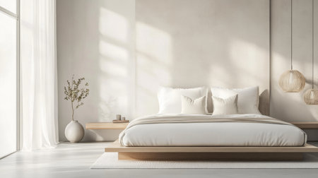 A serene bedroom in minimalist style, with a platform bed, clean lines, and soft neutral tones, creating a peaceful and uncluttered sanctuary.の素材