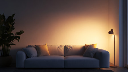 A serene minimalist living space with a cozy sofa, minimalist decor, and soft lighting, providing a tranquil atmosphere for hosting guests.の素材