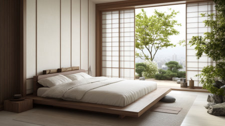 A serene minimalist bedroom with a platform bed, Japanese-inspired decor, and sliding shoji screens, exuding a sense of simplicity and harmony.の素材