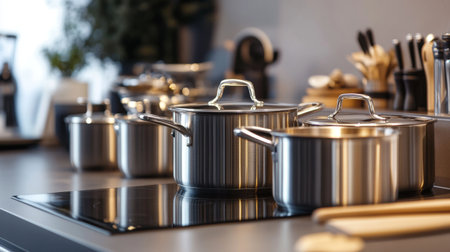 A set of stainless steel cooking pots and frying pans neatly arranged on a modern kitchen counter, highlighting their sleek design and functionality.の素材