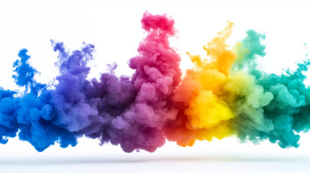 A series of colorful smoke bombs releasing vibrant smoke in different hues, creating a spectrum of colors in the air with a clean, white background.の素材
