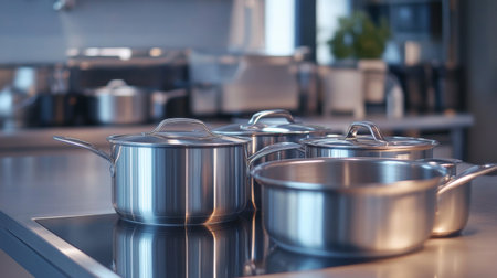 A set of stainless steel cooking pots and frying pans neatly arranged on a modern kitchen counter, highlighting their sleek design and functionality.の素材