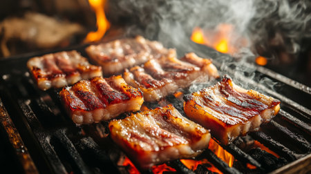 A sizzling hot barbecue grill loaded with juicy pork belly slices, smoke rising and flames licking the meat, igniting the senses.の素材