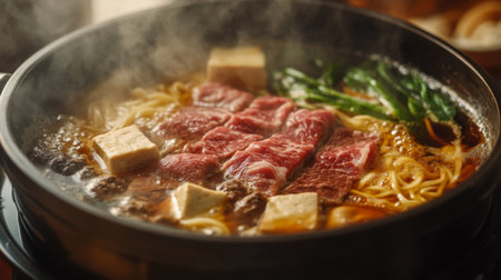 A steaming hot pot of savory sukiyaki, filled with thinly sliced beef, tofu, vegetables, and noodles, simmering in a sweet and savory broth.の素材