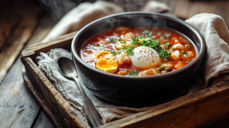 A steaming bowl of fish stew with poached eggs served on a wooden tray, with a linen napkin and spoon, ready for a cozy meal.の素材