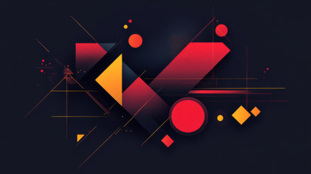 A sleek digital graphic design featuring abstract geometric shapes and vibrant colors, creating a modern and visually striking composition against a dark background.の素材