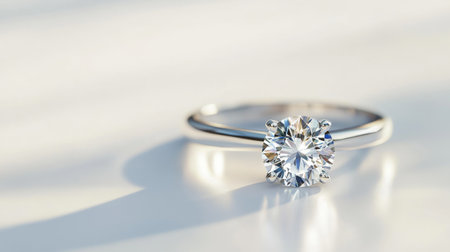 A solitary diamond ring on a white background, with the diamond catching the light and creating subtle reflections. Perfect for engagement or wedding-related visuals.の素材