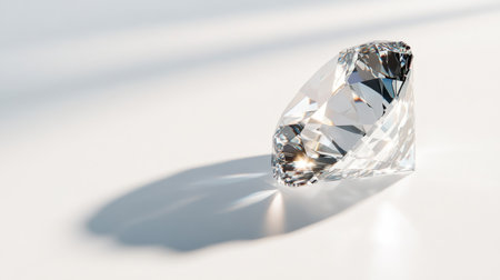 A single, sparkling diamond centered on a pristine white background, highlighting its clarity and brilliance. Perfect for jewelry advertising or luxury themes.の素材