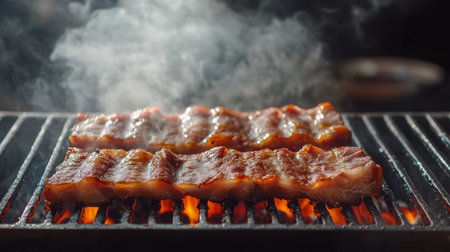 A sizzling hot barbecue grill loaded with juicy pork belly slices, smoke rising and flames licking the meat, igniting the senses.の素材
