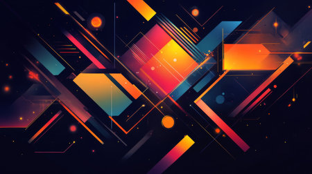 A sleek digital graphic design featuring abstract geometric shapes and vibrant colors, creating a modern and visually striking composition against a dark background.の素材