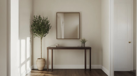 A stylish entryway in minimalist design, with a sleek console table, wall mirror, and minimalist artwork, setting the tone for the rest of the home.の素材