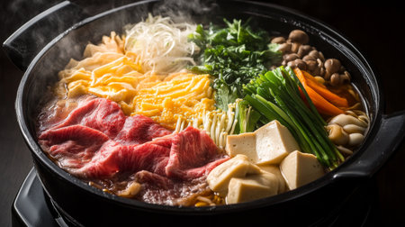 A steaming hot pot of savory sukiyaki, filled with thinly sliced beef, tofu, vegetables, and noodles, simmering in a sweet and savory broth.の素材