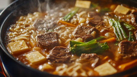 A steaming hot pot of savory sukiyaki, filled with thinly sliced beef, tofu, vegetables, and noodles, simmering in a sweet and savory broth.の素材