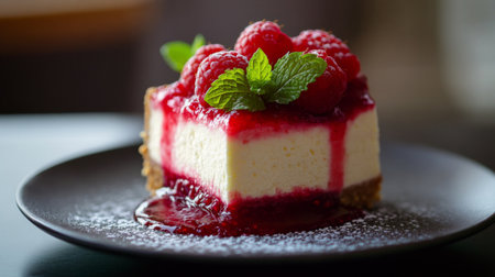 A slice of rich and indulgent cheesecake, topped with a layer of tangy raspberry compote and garnished with fresh mint leaves.の素材
