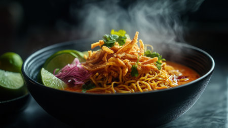 A steaming bowl of Khao Soi, Northern Thai curry noodles, topped with crispy noodles, pickled mustard greens, and fresh lime wedges.の素材