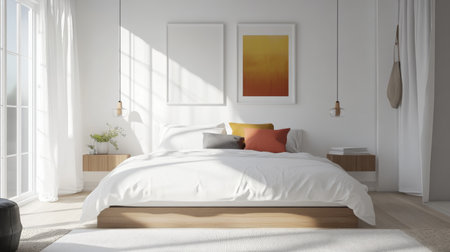 A stylish minimalist bedroom with a platform bed, crisp white linens, and pops of color from accent pillows and artwork, adding visual interest.の素材