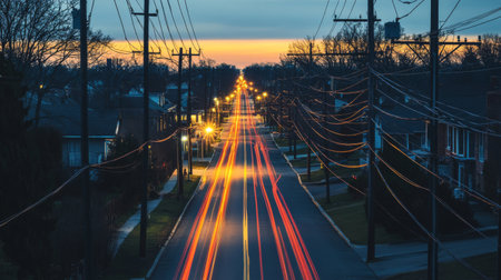 A high-angle view of a street lined with electric poles, captured at dusk with the lights on, emphasizing the role of electricity in daily life.の素材