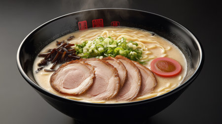 A steaming bowl of delicious tonkotsu ramen, featuring rich and creamy pork bone broth, tender noodles, and slices of melt-in-your-mouth chashu pork.の素材