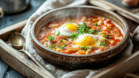 A steaming bowl of fish stew with poached eggs served on a wooden tray, with a linen napkin and spoon, ready for a cozy meal.の素材