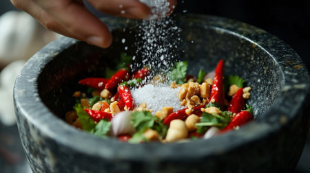 A hand sprinkling salt into a mortar filled with fresh Thai chili peppers, garlic, and herbs, preparing a fragrant and spicy Thai chili paste.の素材