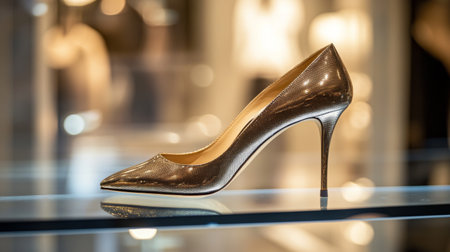 A stylish high heel shoe resting on a glass shelf in a luxury boutique, with soft lighting highlighting its details and craftsmanship.の素材